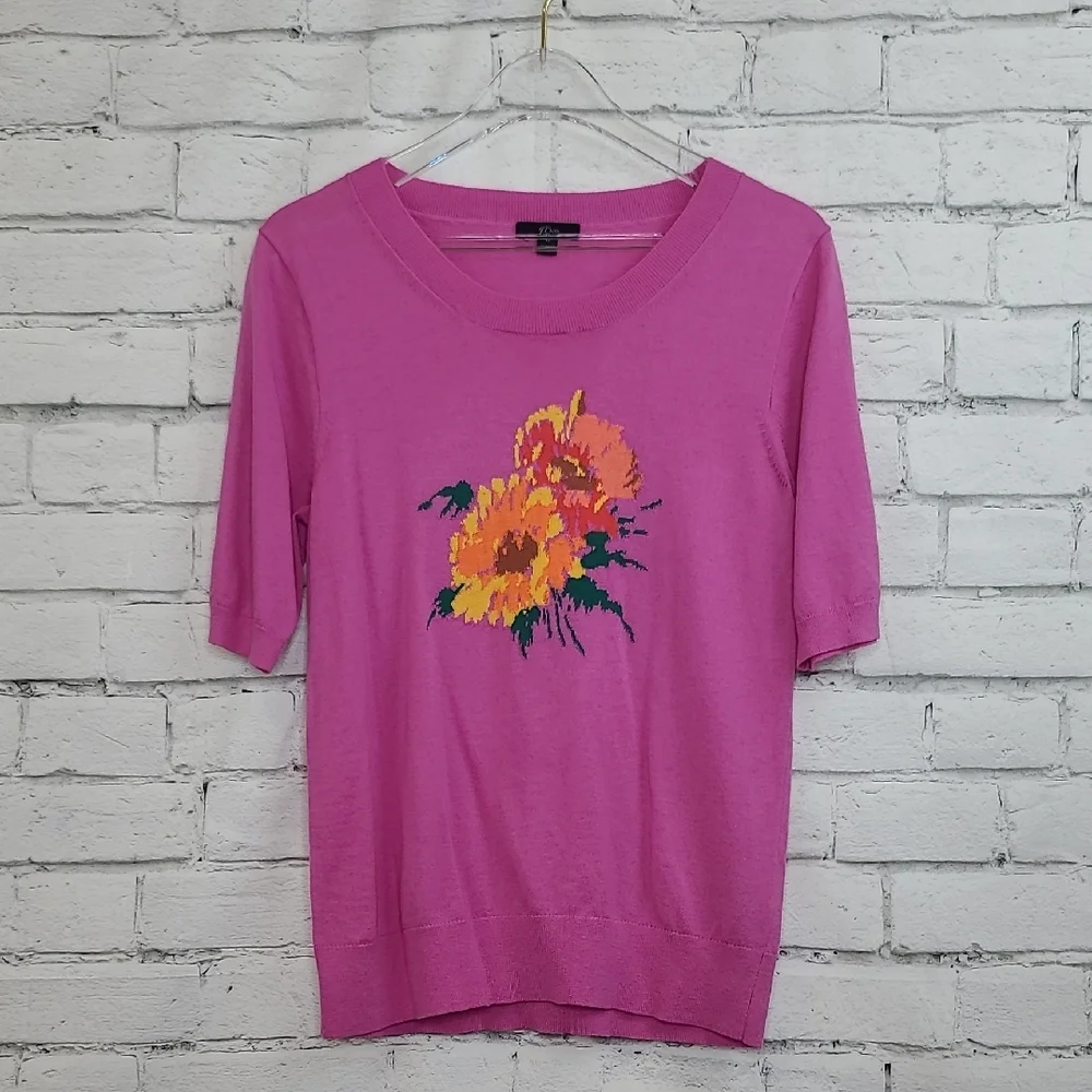 J Crew Merino Wool Blend Embroidered Floral Short-Sleeve Tippi Sweater in Pink